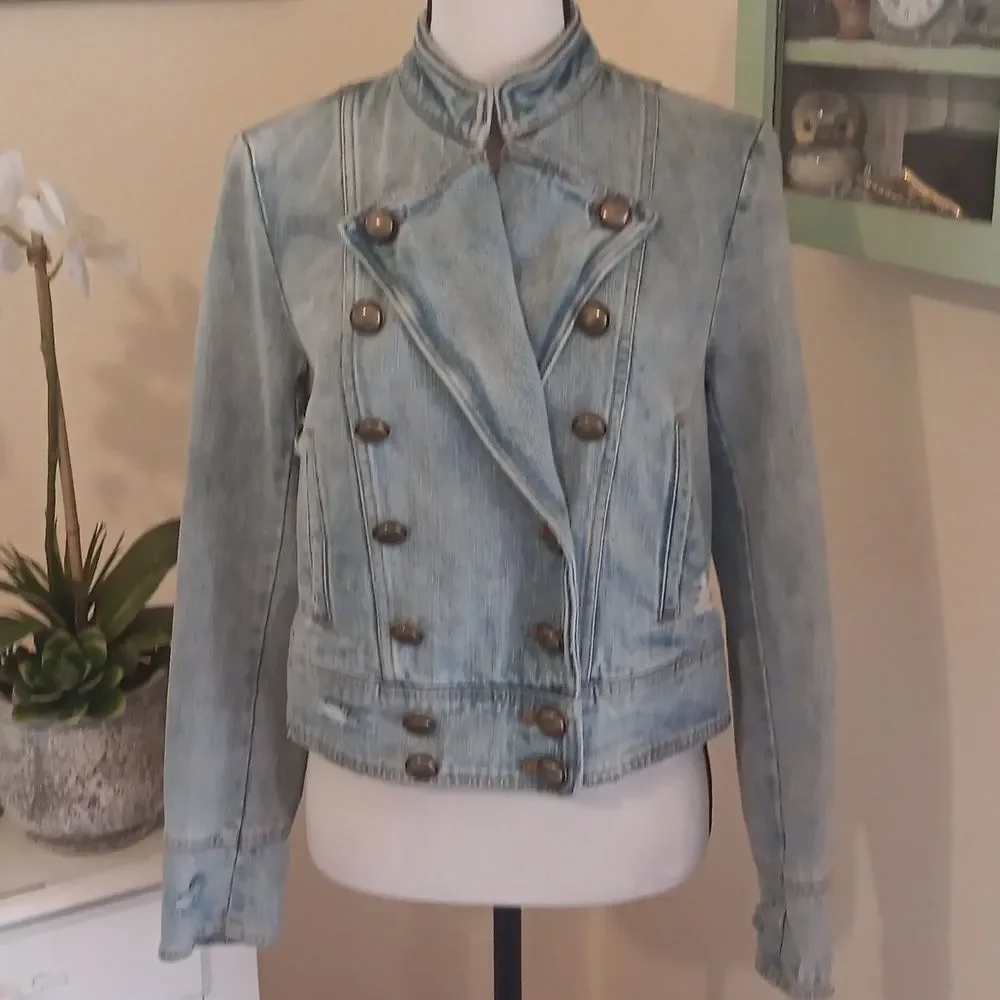 Free People Moto Double Breasted Denim Jacket. Country. Military.Coastal Cowgirl - Picture 2 of 14